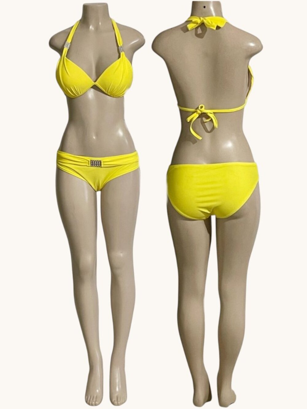 Yellow Push Up Halter Bikini Set Crystal Accent Padded Swimsuit Size L